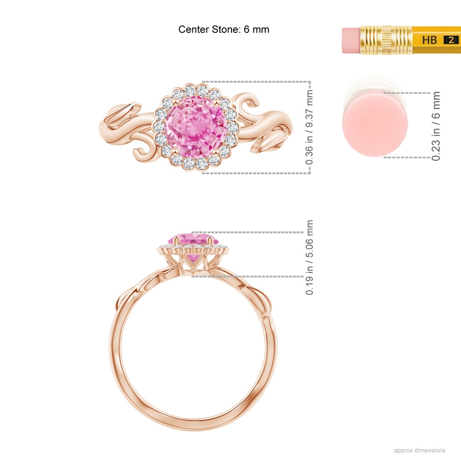 6mm A Vintage Inspired Pink Sapphire Flower and Vine Ring in Rose Gold ruler