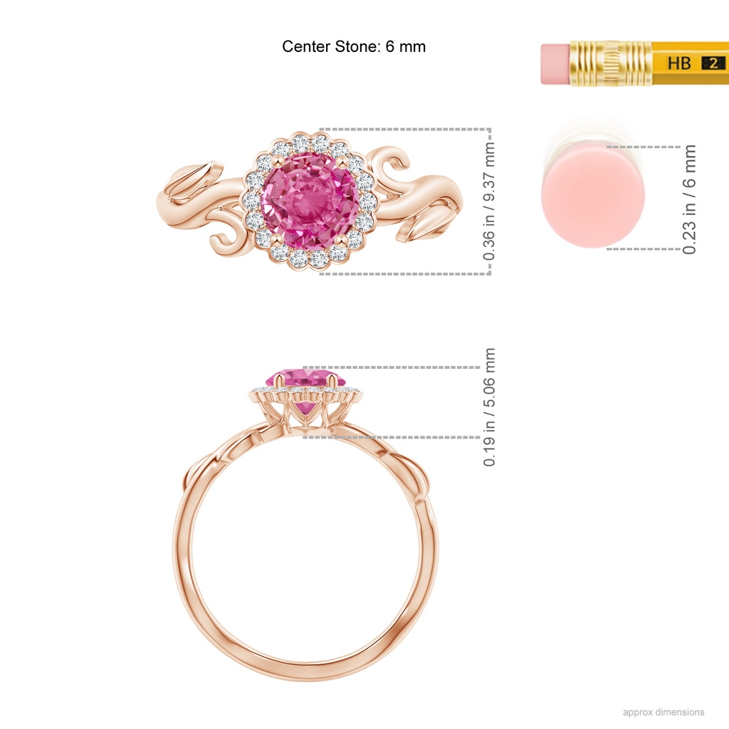 6mm AAA Vintage Inspired Pink Sapphire Flower and Vine Ring in Rose Gold Ruler