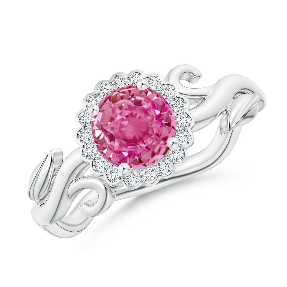 6mm AAA Vintage Inspired Pink Sapphire Flower and Vine Ring in White Gold 