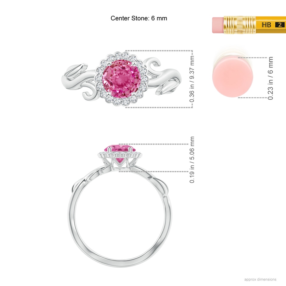 6mm AAA Vintage Inspired Pink Sapphire Flower and Vine Ring in White Gold ruler