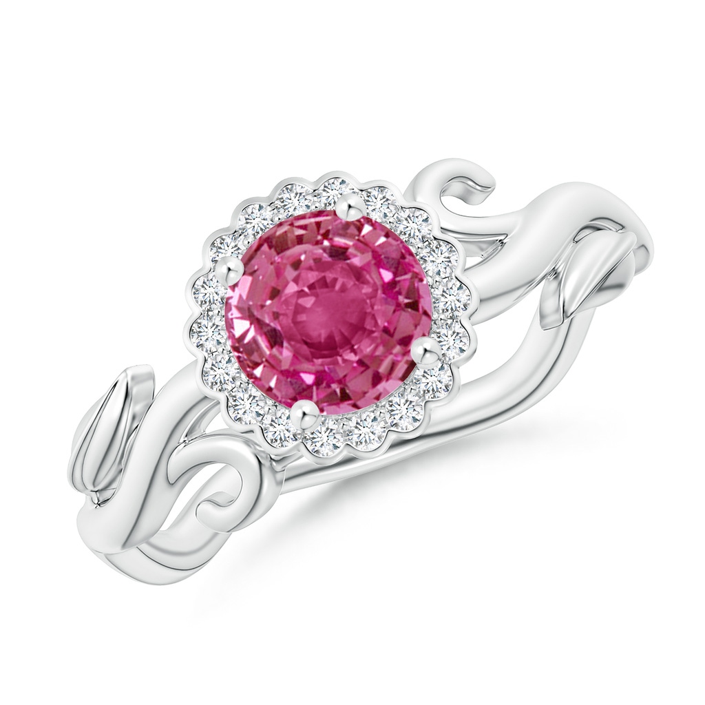 6mm AAAA Vintage Inspired Pink Sapphire Flower and Vine Ring in White Gold