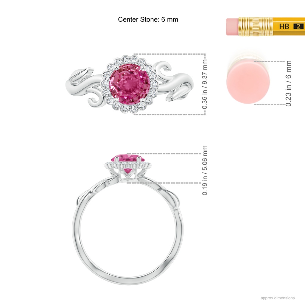 6mm AAAA Vintage Inspired Pink Sapphire Flower and Vine Ring in White Gold Ruler
