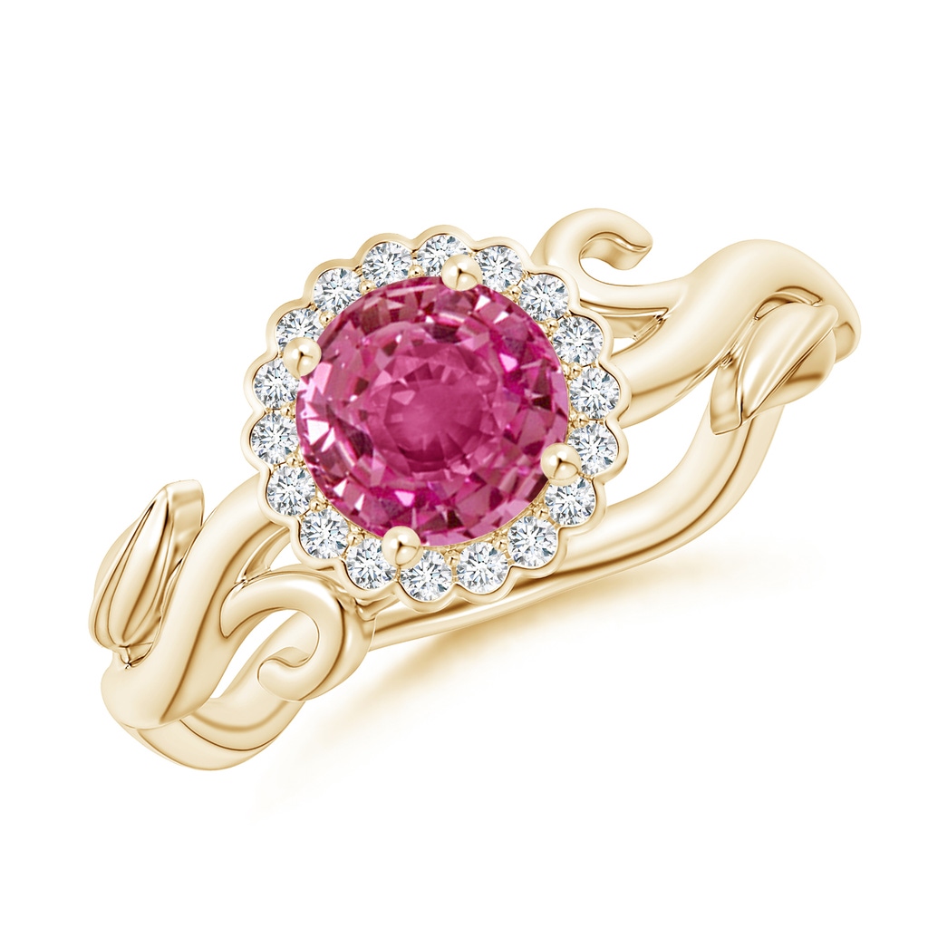 6mm AAAA Vintage Inspired Pink Sapphire Flower and Vine Ring in Yellow Gold