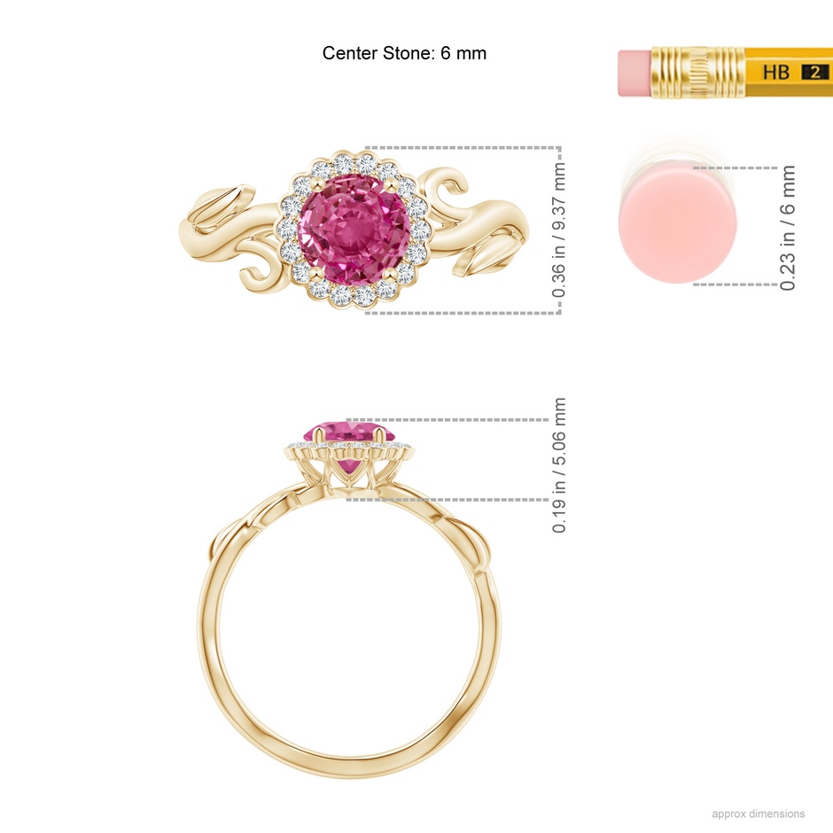 6mm AAAA Vintage Inspired Pink Sapphire Flower and Vine Ring in Yellow Gold ruler