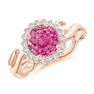 7mm AAA Vintage Inspired Pink Sapphire Flower and Vine Ring in Rose Gold