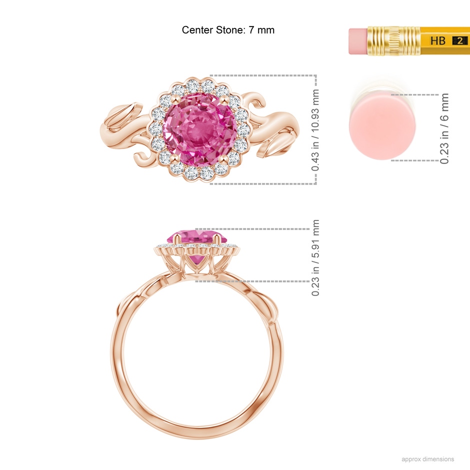 7mm AAA Vintage Inspired Pink Sapphire Flower and Vine Ring in Rose Gold ruler