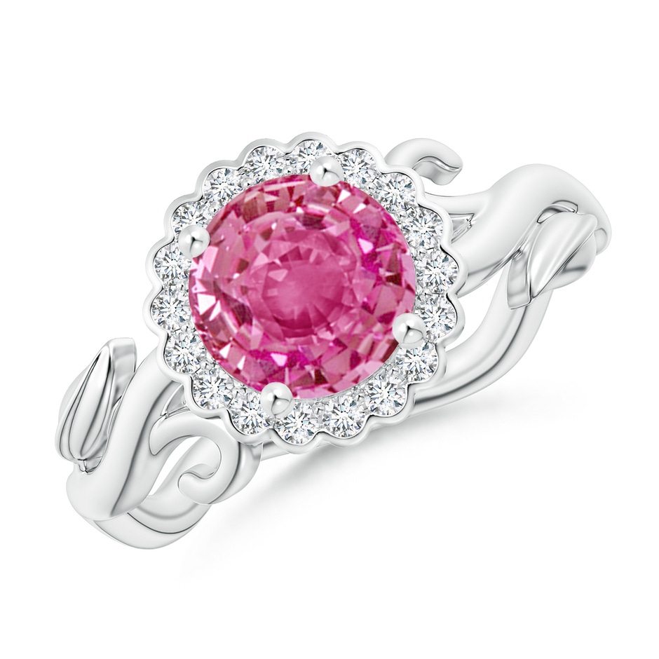 7mm AAA Vintage Inspired Pink Sapphire Flower and Vine Ring in White Gold 