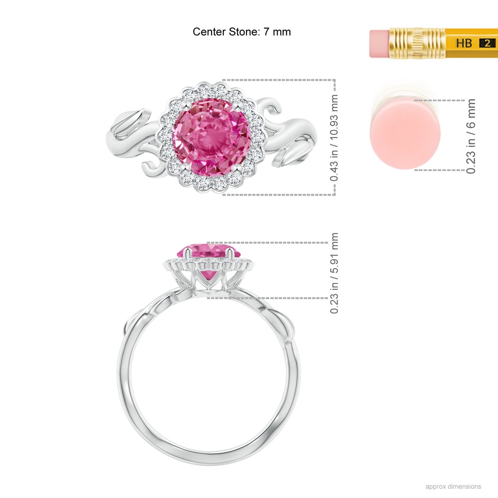 7mm AAA Vintage Inspired Pink Sapphire Flower and Vine Ring in White Gold Ruler