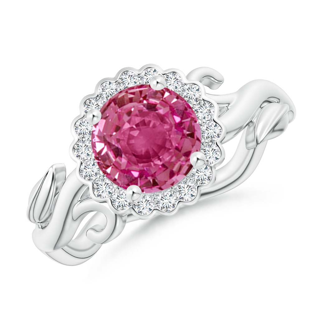 7mm AAAA Vintage Inspired Pink Sapphire Flower and Vine Ring in White Gold