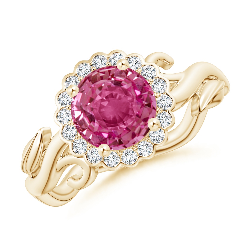7mm AAAA Vintage Inspired Pink Sapphire Flower and Vine Ring in Yellow Gold
