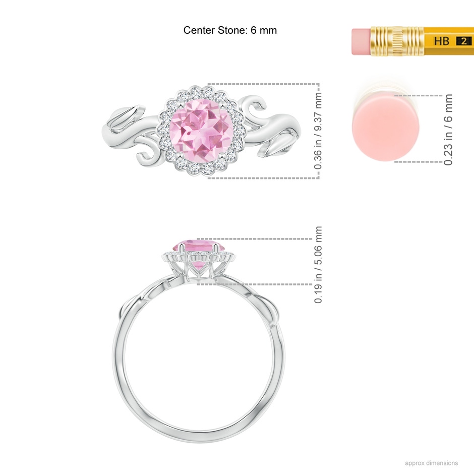 6mm A Vintage Inspired Pink Tourmaline Flower and Vine Ring in White Gold ruler