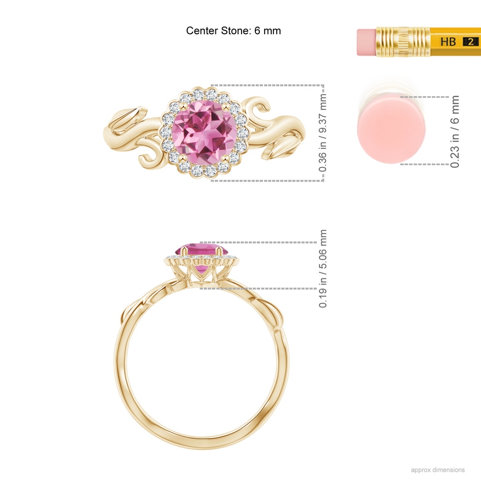 6mm AAA Vintage Inspired Pink Tourmaline Flower and Vine Ring in Yellow Gold ruler