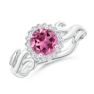 6mm AAAA Vintage Inspired Pink Tourmaline Flower and Vine Ring in White Gold