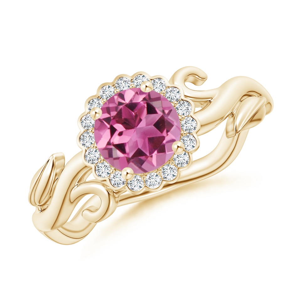 6mm AAAA Vintage Inspired Pink Tourmaline Flower and Vine Ring in Yellow Gold 