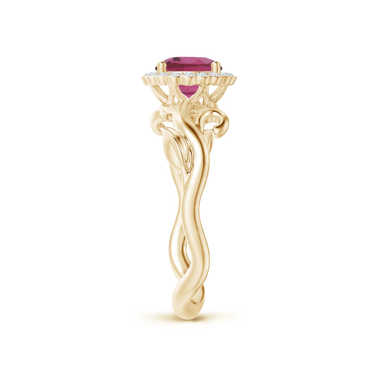 6mm AAAA Vintage Inspired Pink Tourmaline Flower and Vine Ring in Yellow Gold - side 2