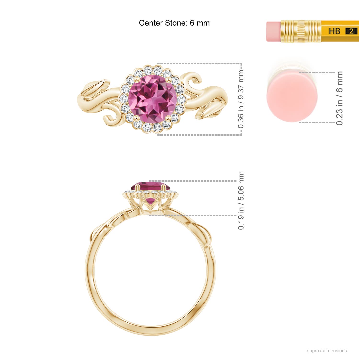 6mm AAAA Vintage Inspired Pink Tourmaline Flower and Vine Ring in Yellow Gold - ruler
