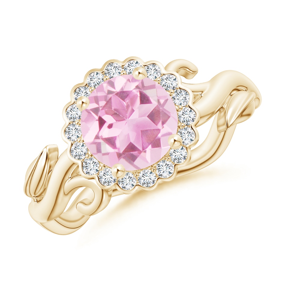 7mm A Vintage Inspired Pink Tourmaline Flower and Vine Ring in Yellow Gold 