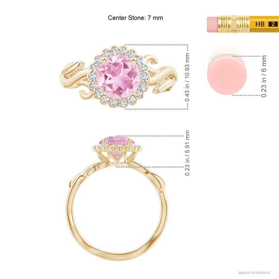 7mm A Vintage Inspired Pink Tourmaline Flower and Vine Ring in Yellow Gold ruler