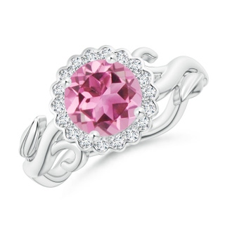 7mm AAA Vintage Inspired Pink Tourmaline Flower and Vine Ring in White Gold