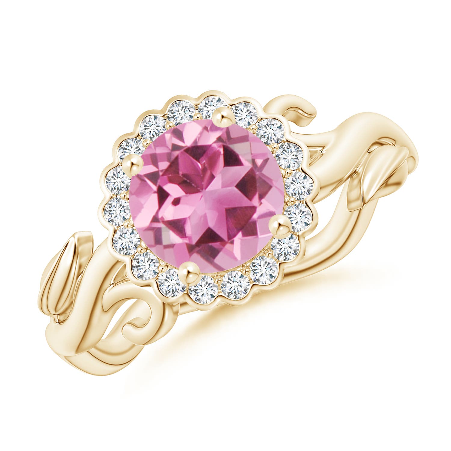 7mm AAA Vintage Inspired Pink Tourmaline Flower and Vine Ring in Yellow Gold