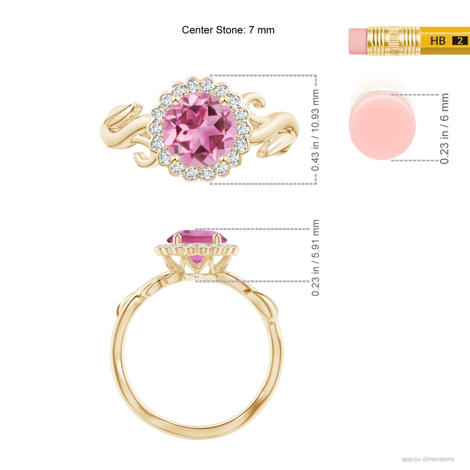 7mm AAA Vintage Inspired Pink Tourmaline Flower and Vine Ring in Yellow Gold ruler