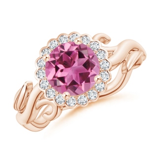 7mm AAAA Vintage Inspired Pink Tourmaline Flower and Vine Ring in Rose Gold