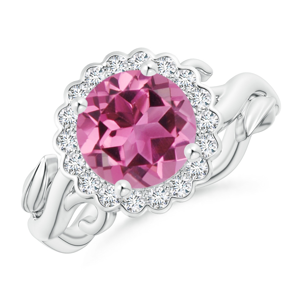 8mm AAAA Vintage Inspired Pink Tourmaline Flower and Vine Ring in White Gold