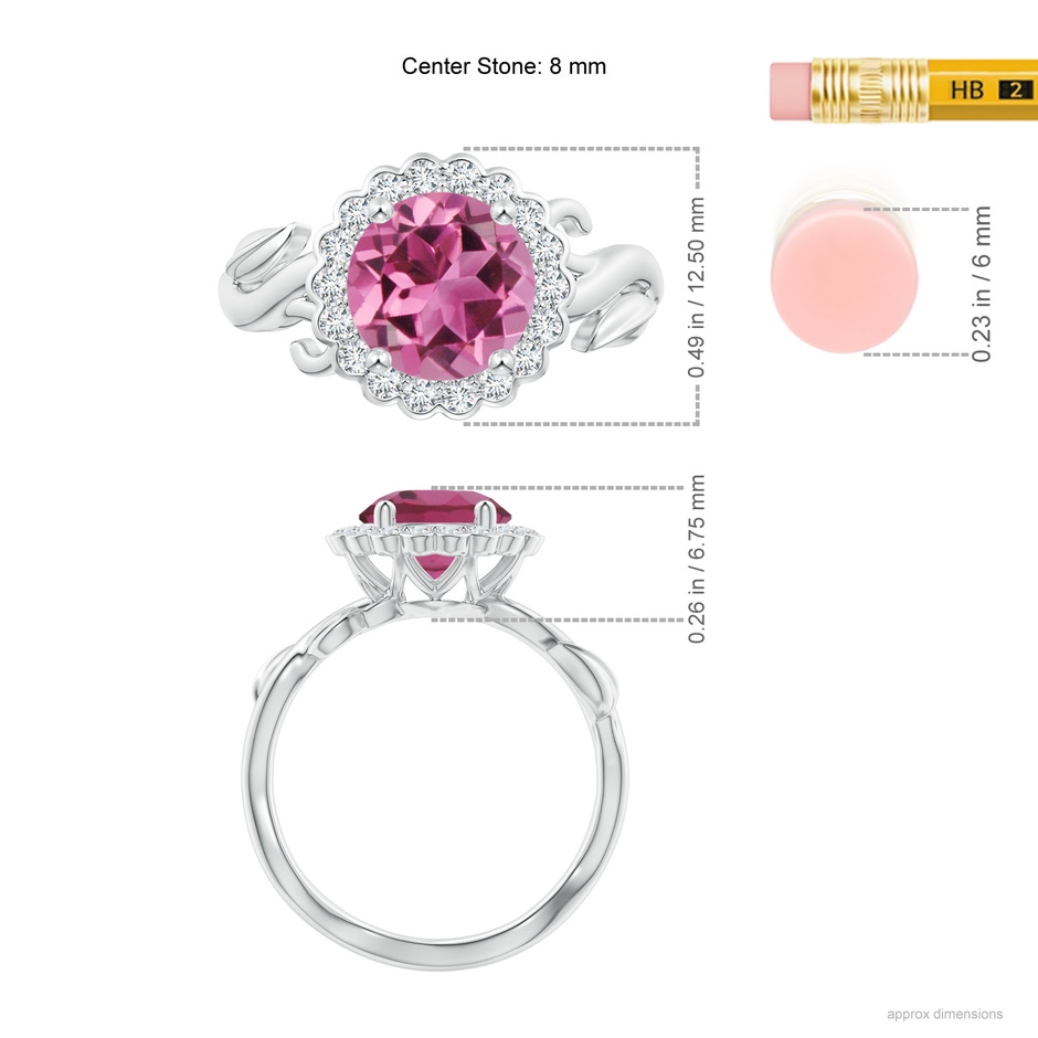 8mm AAAA Vintage Inspired Pink Tourmaline Flower and Vine Ring in White Gold ruler