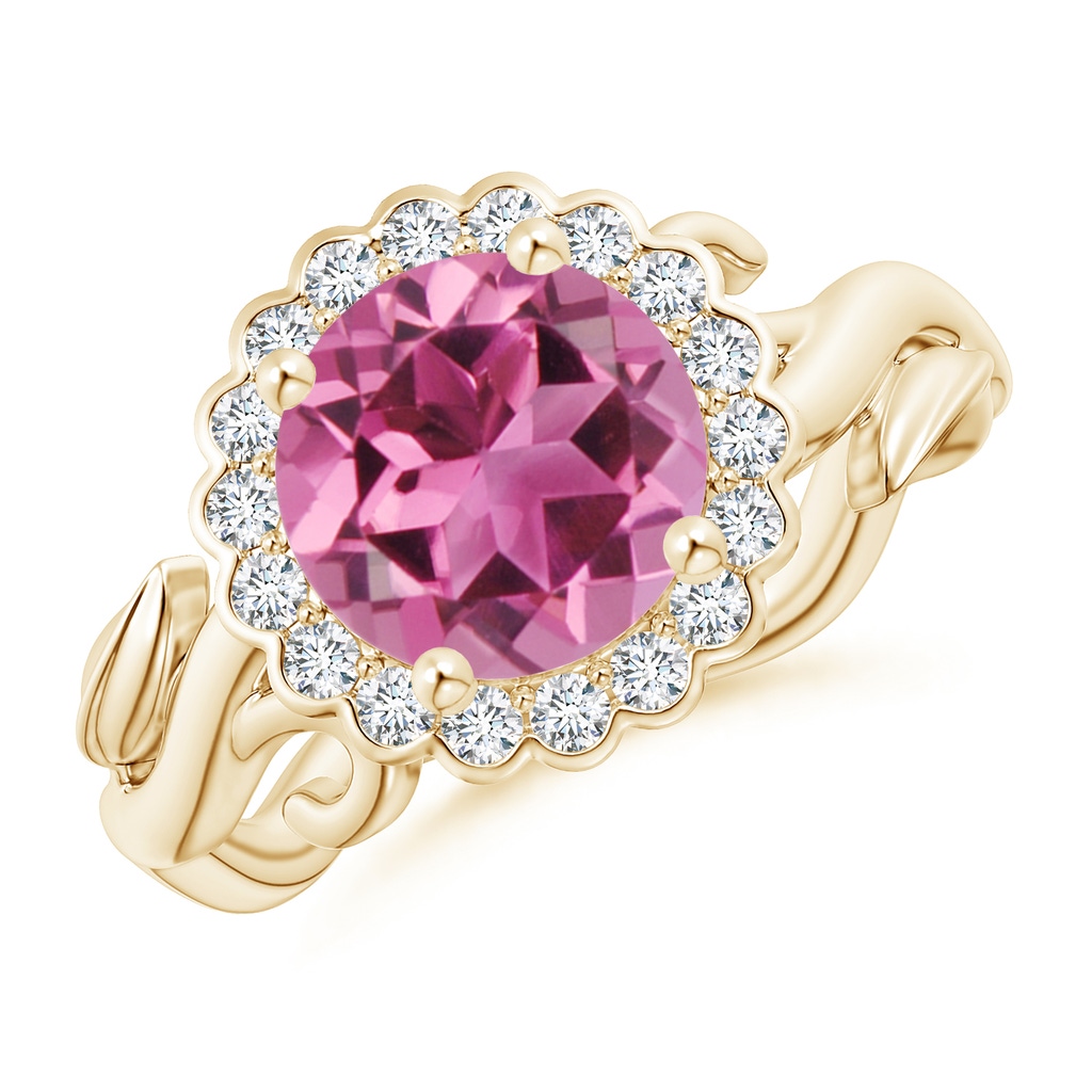 8mm AAAA Vintage Inspired Pink Tourmaline Flower and Vine Ring in Yellow Gold