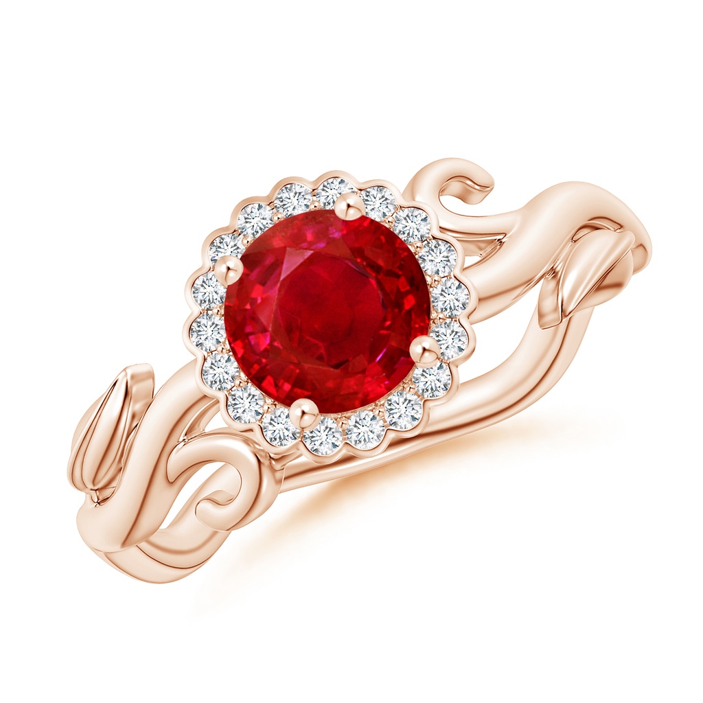6mm AAA Vintage Inspired Ruby Flower and Vine Ring in Rose Gold
