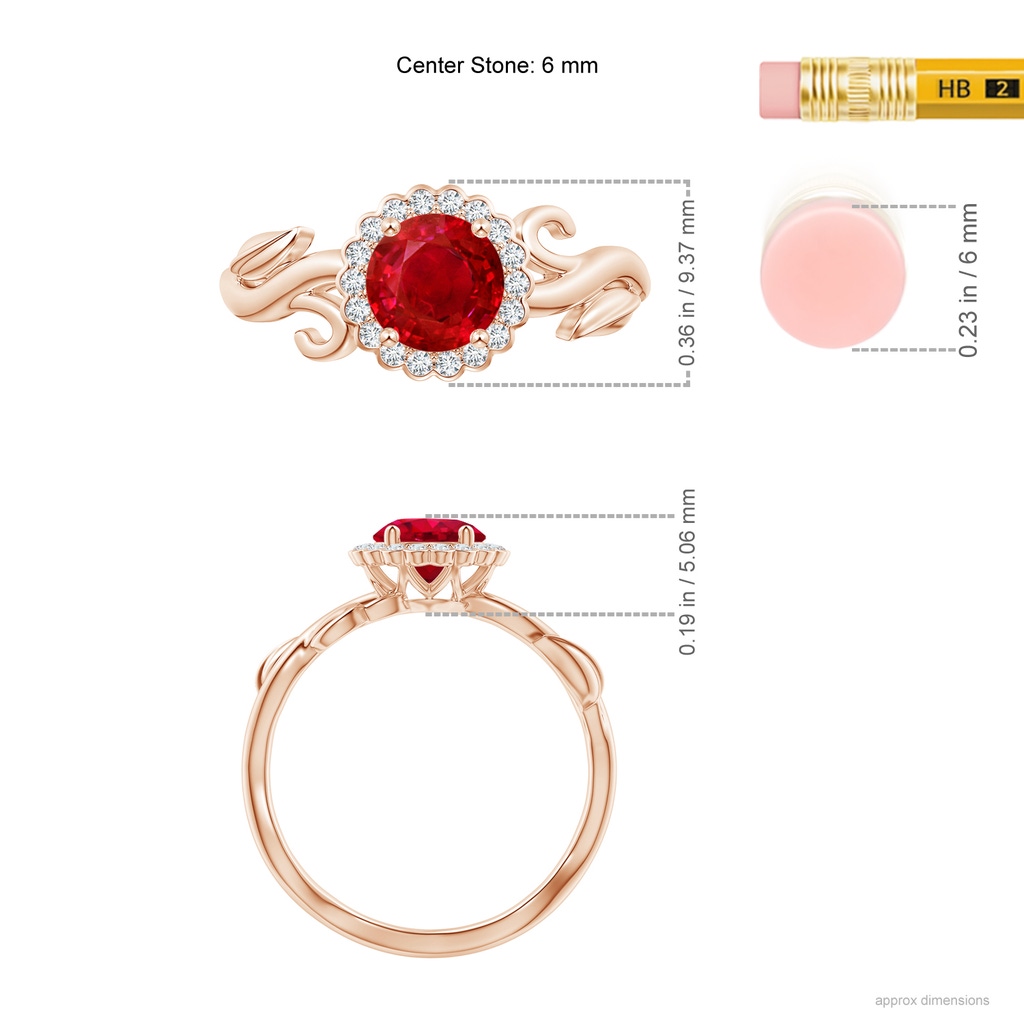 6mm AAA Vintage Inspired Ruby Flower and Vine Ring in Rose Gold Ruler