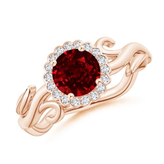 6mm AAAA Vintage Inspired Ruby Flower and Vine Ring in Rose Gold