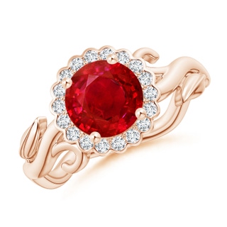 7mm AAA Vintage Inspired Ruby Flower and Vine Ring in Rose Gold