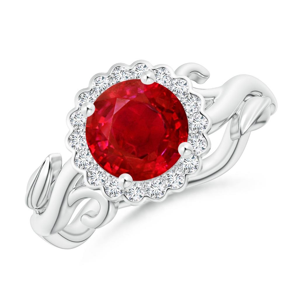 7mm AAA Vintage Inspired Ruby Flower and Vine Ring in White Gold
