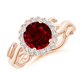 7mm AAAA Vintage Inspired Ruby Flower and Vine Ring in Rose Gold