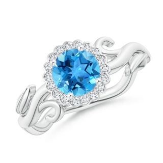 6mm AAA Vintage Inspired Swiss Blue Topaz Flower and Vine Ring in White Gold