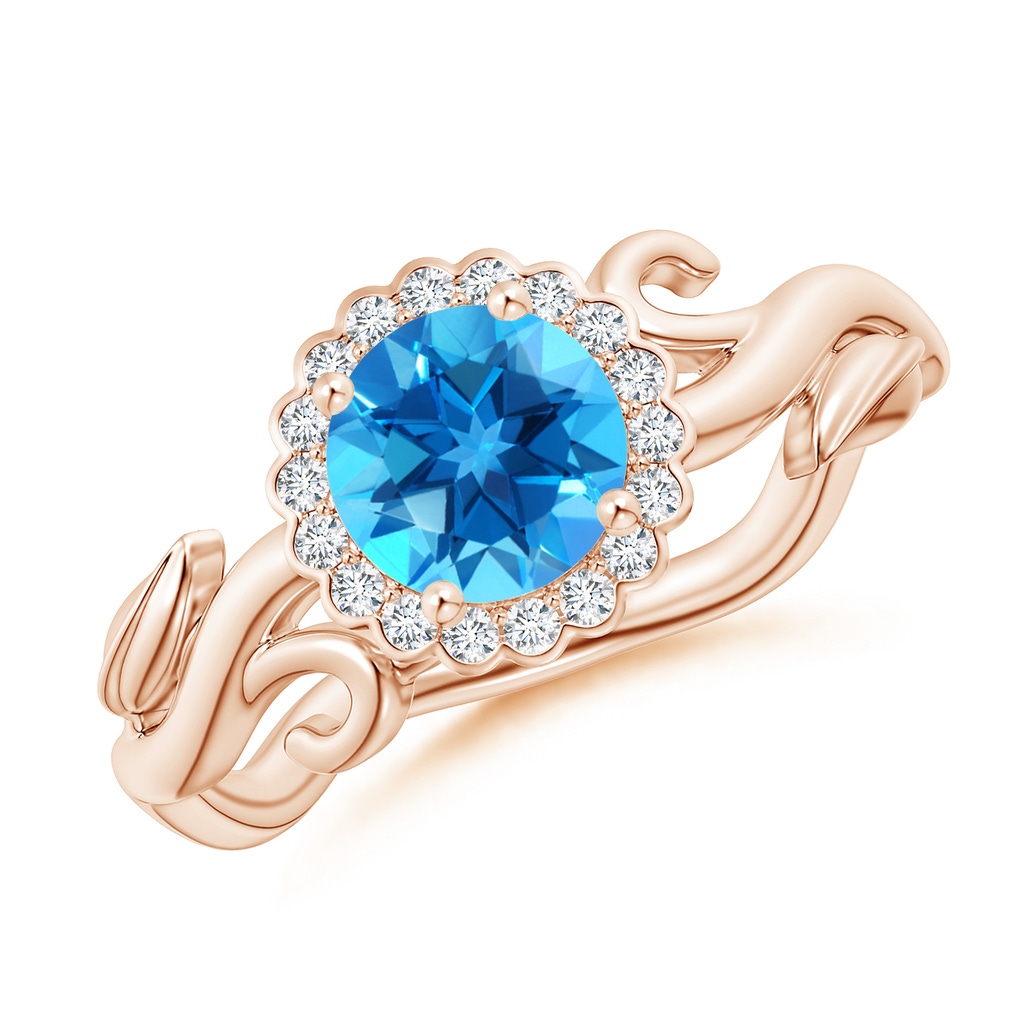 6mm AAAA Vintage Inspired Swiss Blue Topaz Flower and Vine Ring in Rose Gold