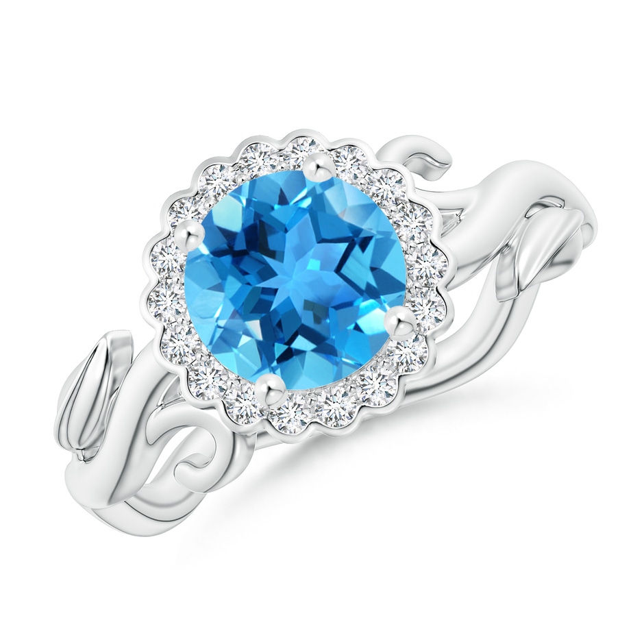 7mm AAA Vintage Inspired Swiss Blue Topaz Flower and Vine Ring in White Gold 