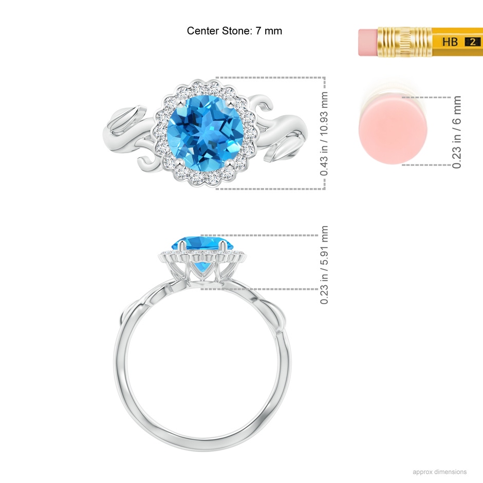 7mm AAA Vintage Inspired Swiss Blue Topaz Flower and Vine Ring in White Gold ruler