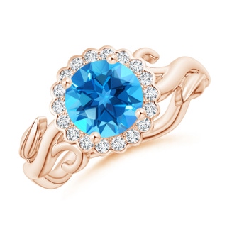 7mm AAAA Vintage Inspired Swiss Blue Topaz Flower and Vine Ring in Rose Gold