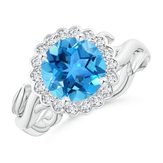 8mm AAA Vintage Inspired Swiss Blue Topaz Flower and Vine Ring in White Gold