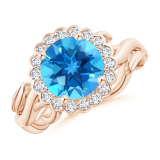 8mm AAAA Vintage Inspired Swiss Blue Topaz Flower and Vine Ring in Rose Gold