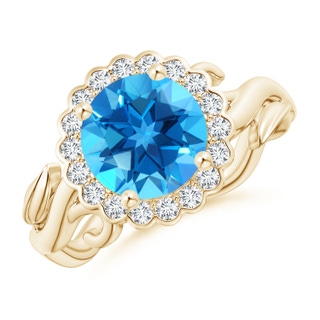 8mm AAAA Vintage Inspired Swiss Blue Topaz Flower and Vine Ring in Yellow Gold