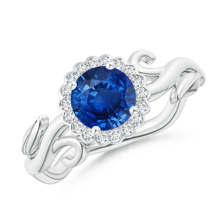 6mm AAA Vintage Inspired Sapphire Flower and Vine Ring in White Gold 