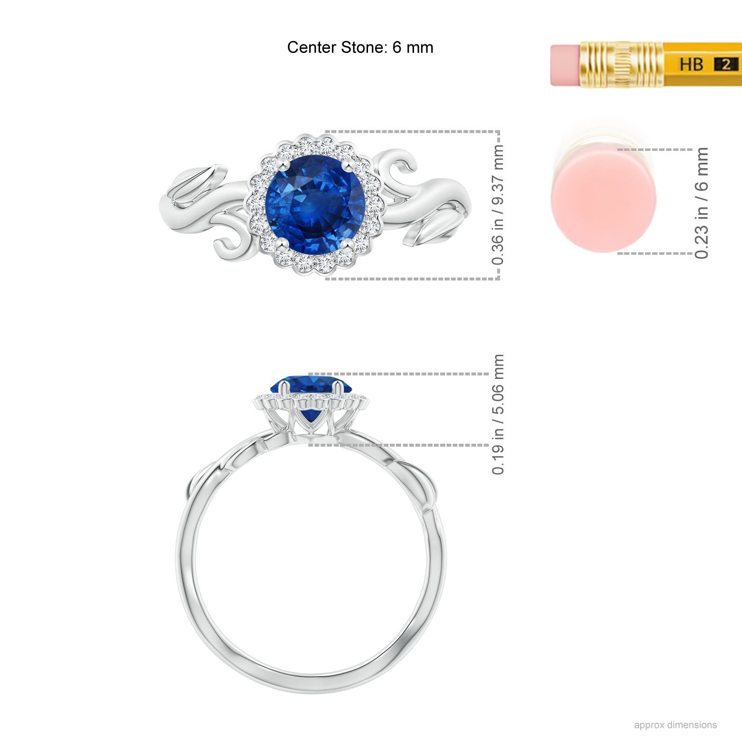 6mm AAA Vintage Inspired Sapphire Flower and Vine Ring in White Gold - ruler
