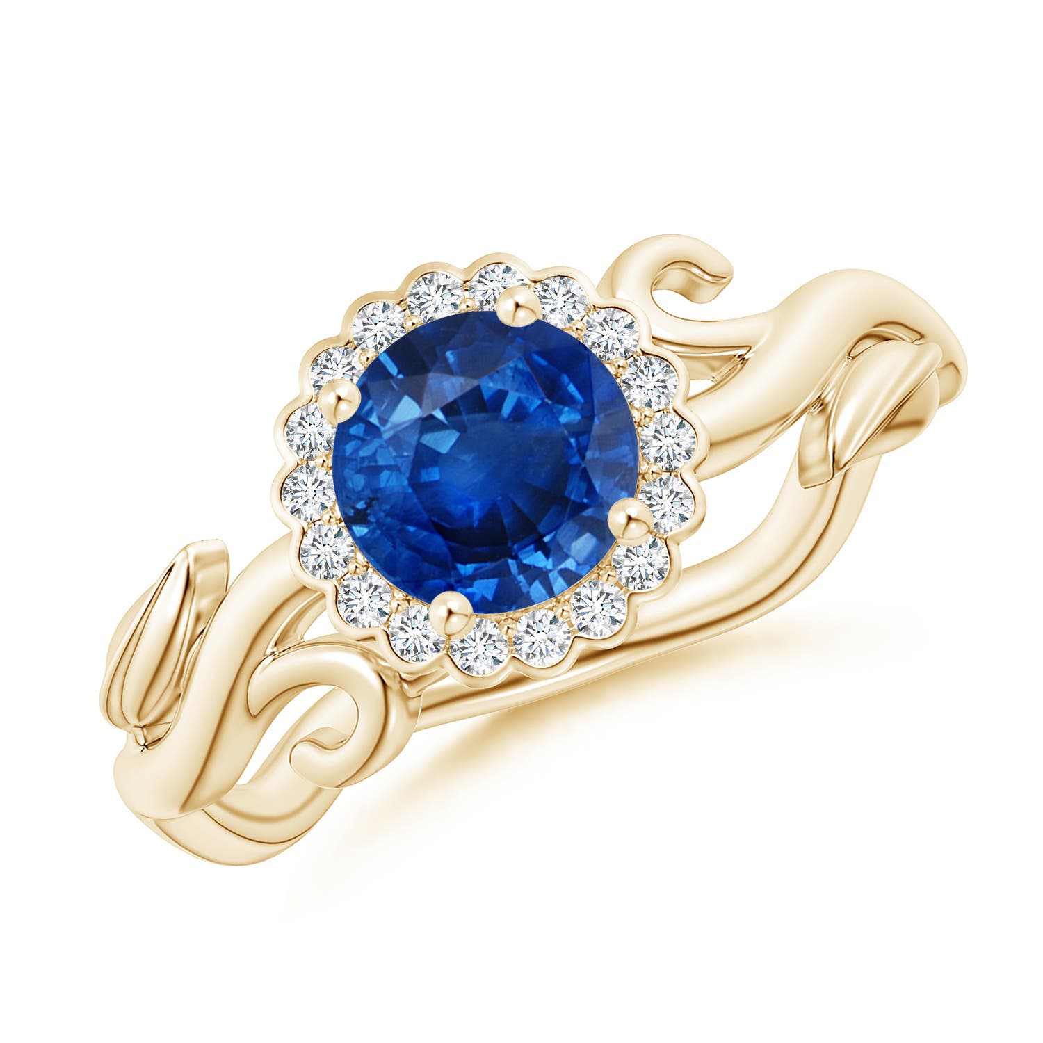 6mm AAA Vintage Inspired Sapphire Flower and Vine Ring in Yellow Gold