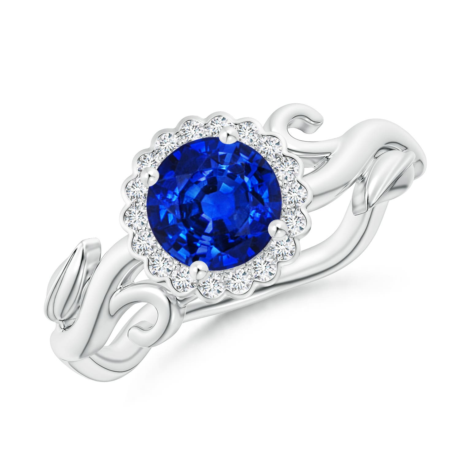 6mm AAAA Vintage Inspired Sapphire Flower and Vine Ring in White Gold