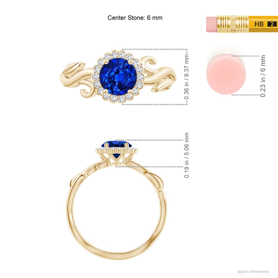 6mm AAAA Vintage Inspired Sapphire Flower and Vine Ring in Yellow Gold ruler