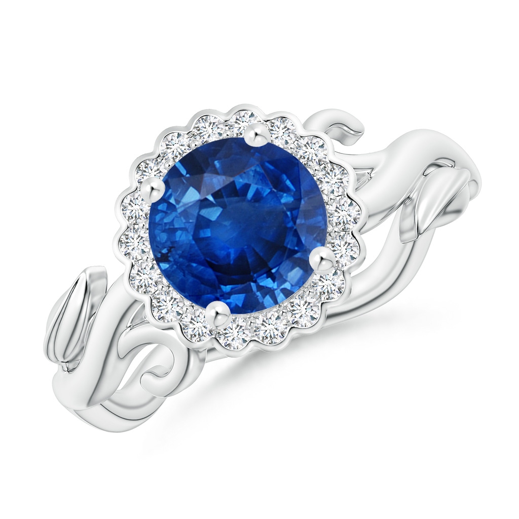 7mm AAA Vintage Inspired Sapphire Flower and Vine Ring in White Gold