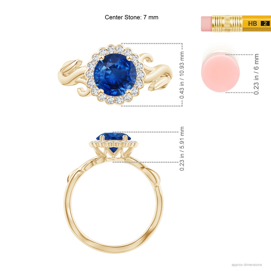 7mm AAA Vintage Inspired Sapphire Flower and Vine Ring in Yellow Gold ruler